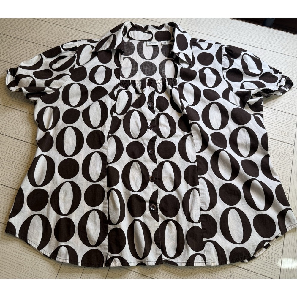 Cato Women 18/20W Dark Brown Cream Geometric Button Up Short Sleeve Blouse Top